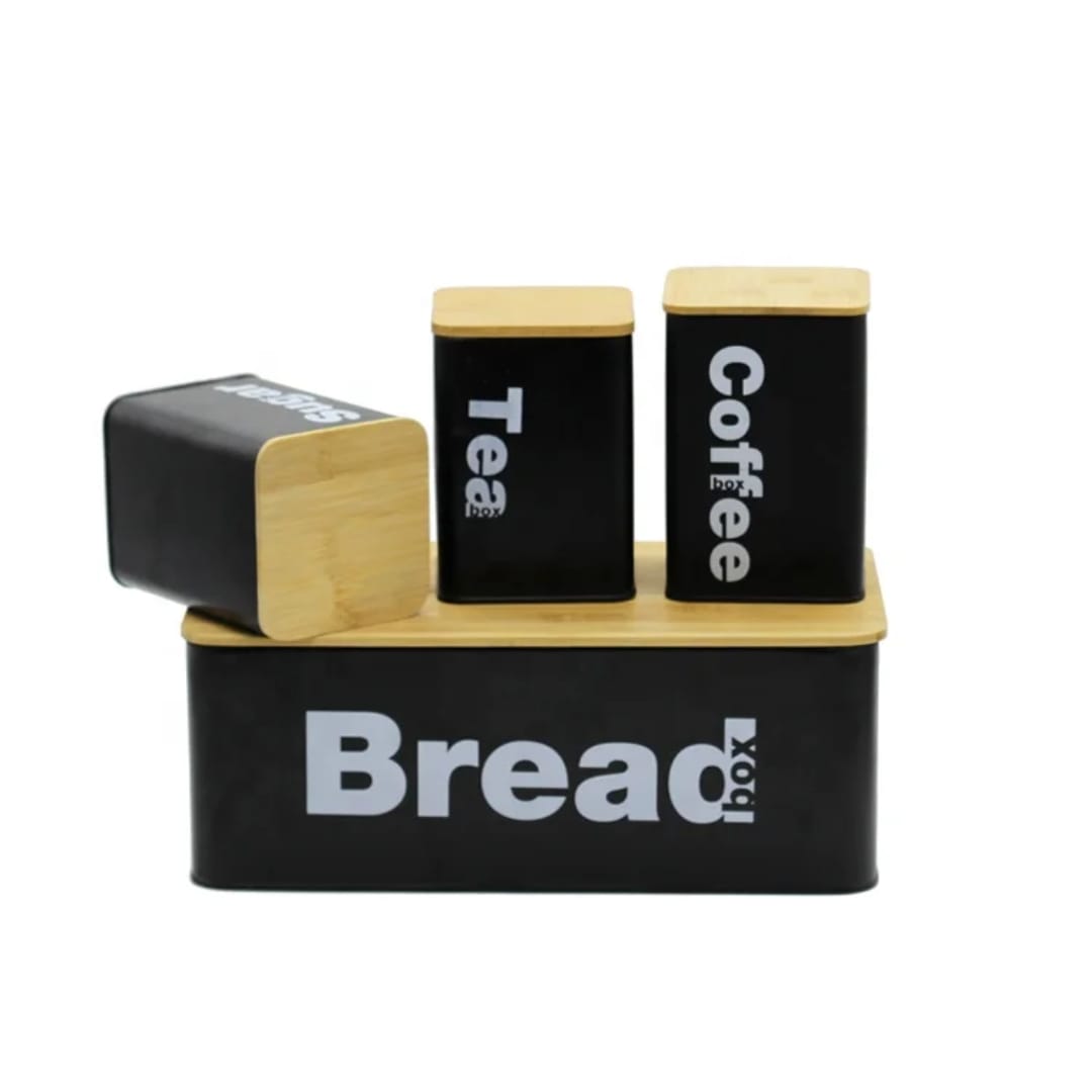 Bread Bin with Three Canister Set – Bamboo Lid Kitchen Storage in White or Black