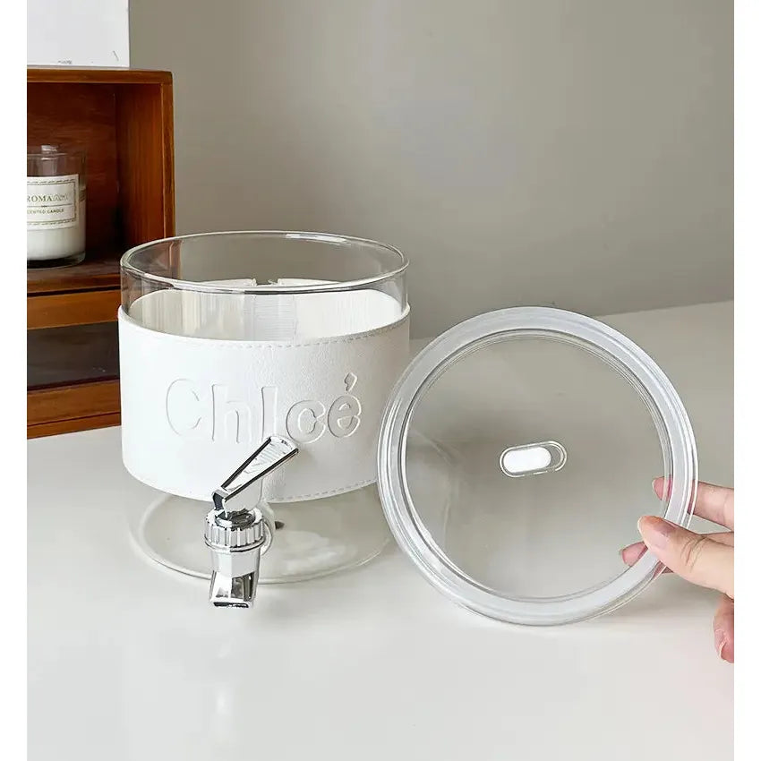 Chlce Juice Dispenser 2.3L Glass Jug with Acrylic Lid Heat Resistant & Airtight with Filter & Faucet