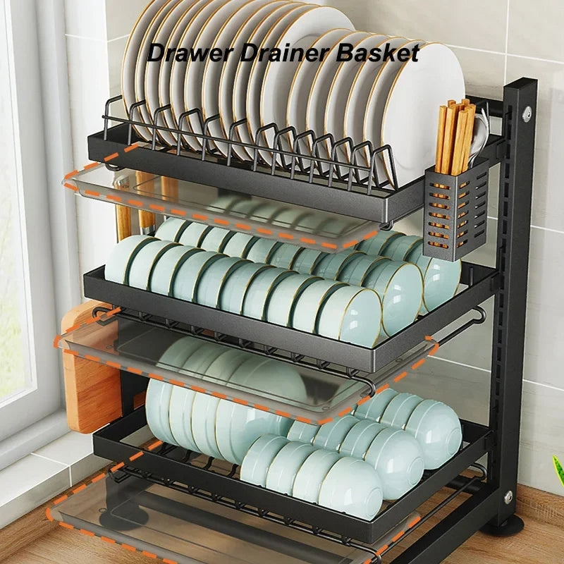 Carbon Steel 3layer Height Adjustable High Quality Dishrack with Drain Trays| Chopping Board & Cutlery, 40.2 cm x 28.2 cm x 61.2 cm Holders
