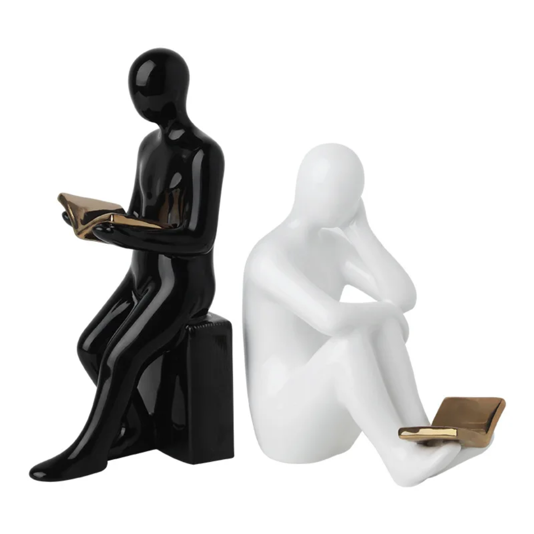 Ceramic Bookends Reader Shape Sculptures – Decorative Book Holder Set