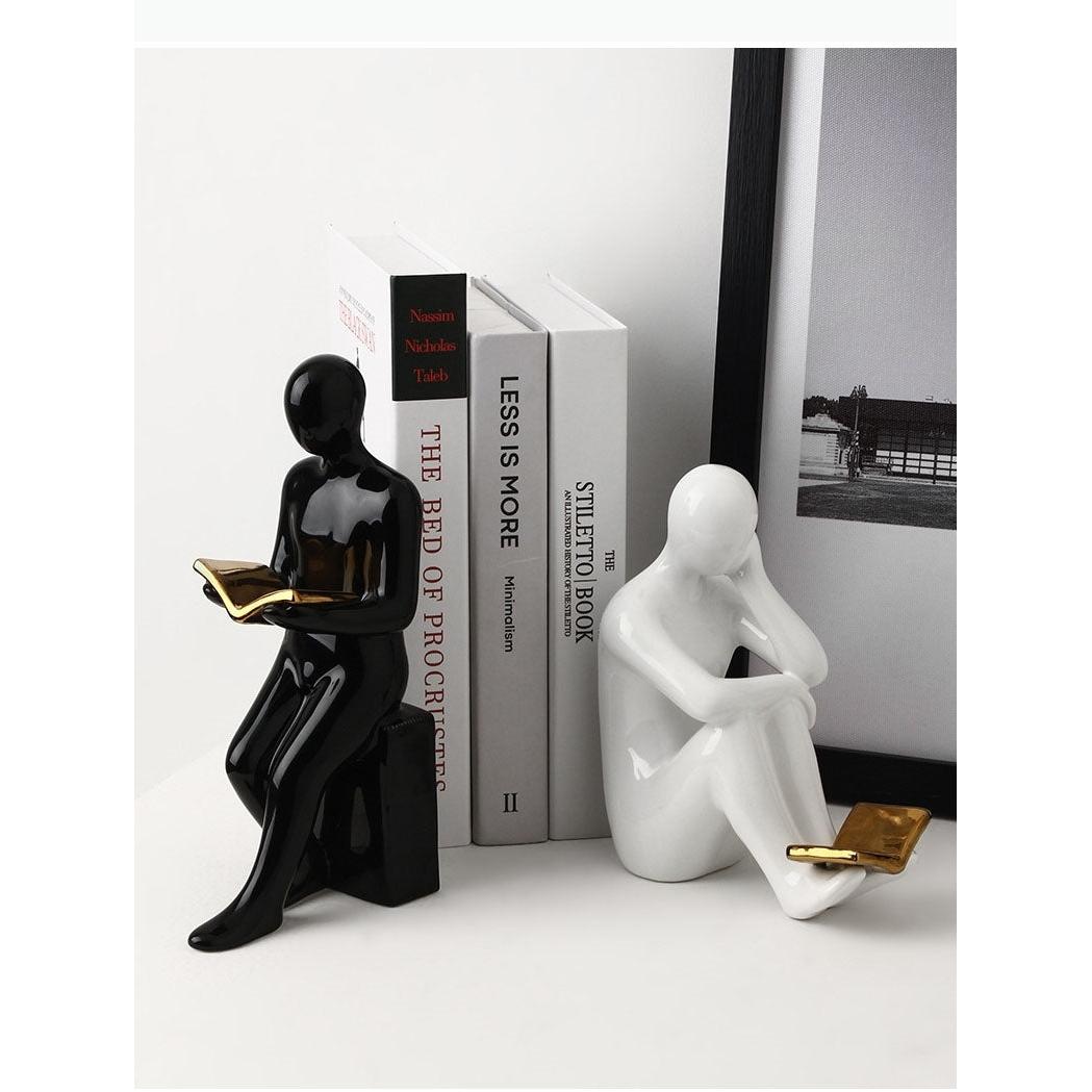 Ceramic Bookends Reader Shape Sculptures – Decorative Book Holder Set