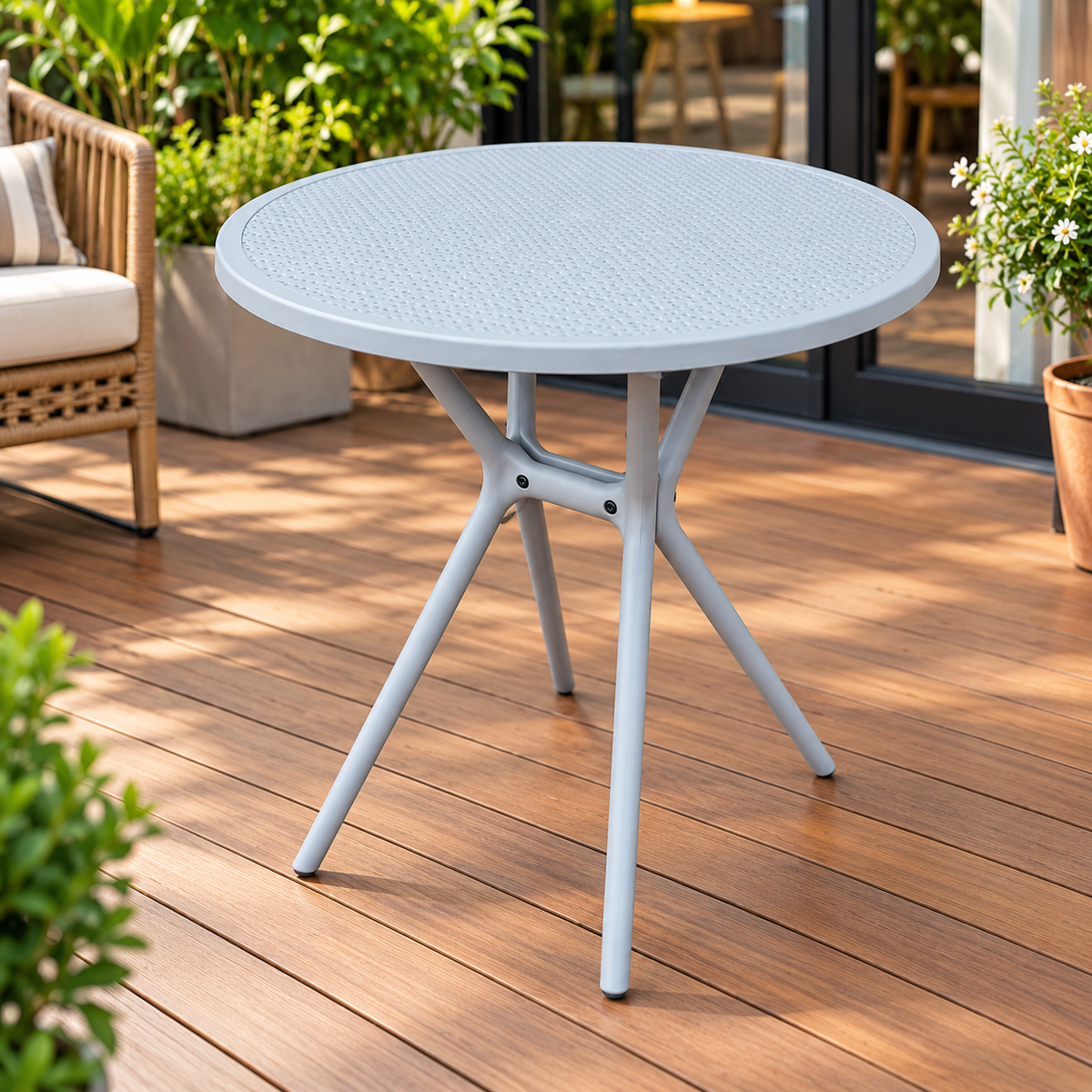 Round Grey Outdoor Bistro Table with Folding Metal Legs Outdoor Table Bistro Tables