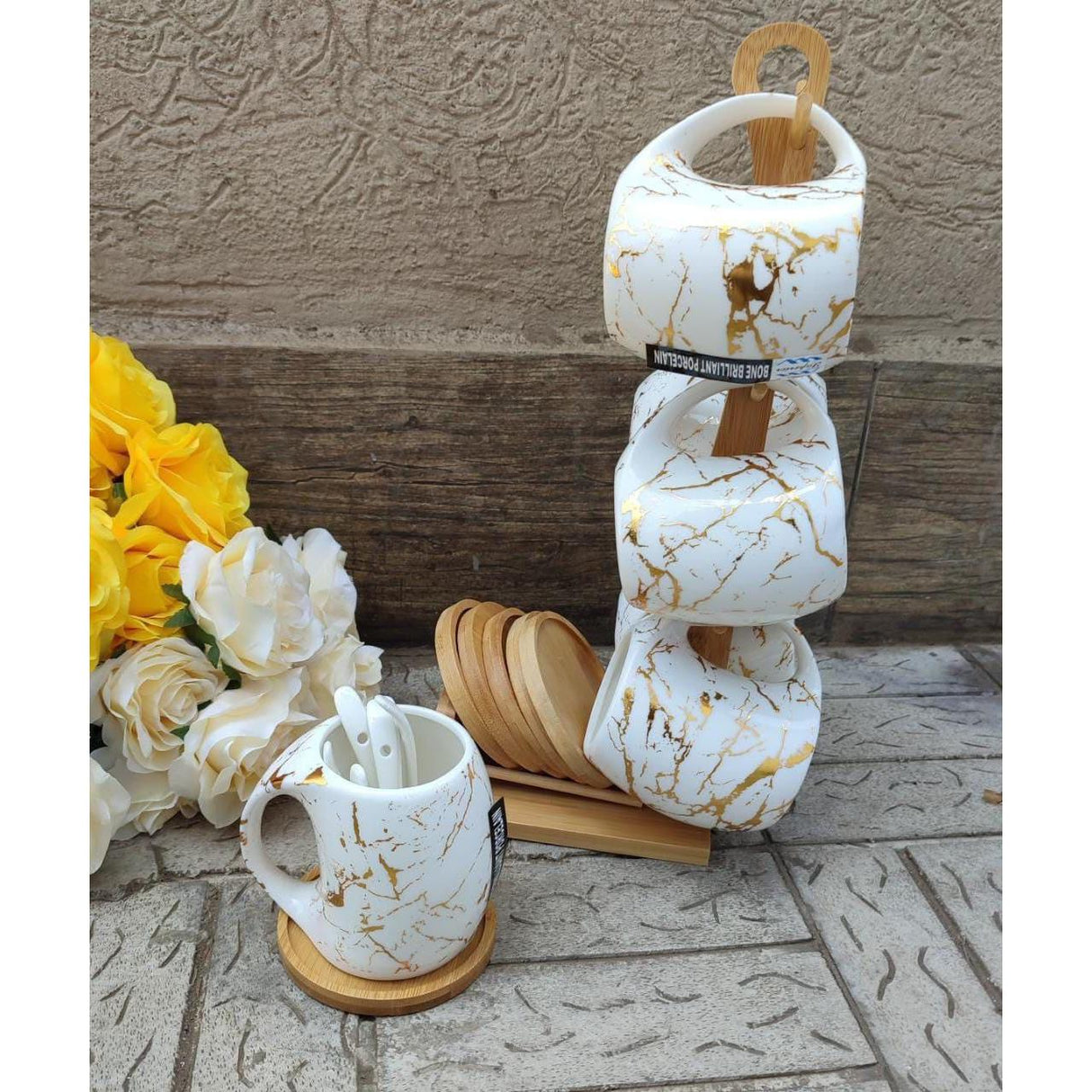 Classy Cup and Saucer Set with White Marble Cups, Bamboo Stand and Coasters