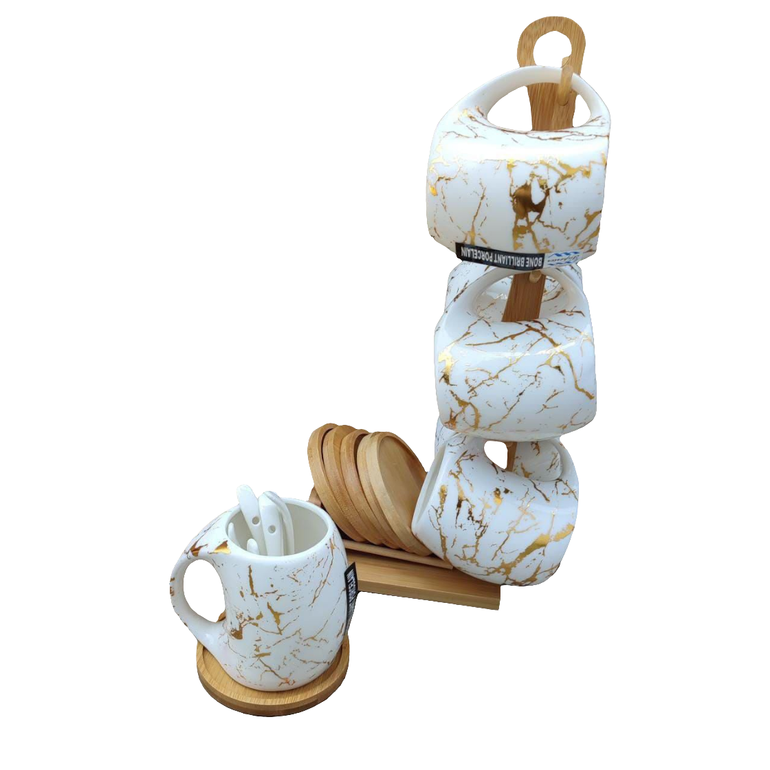 Classy Cup and Saucer Set with White Marble Cups, Bamboo Stand and Coasters