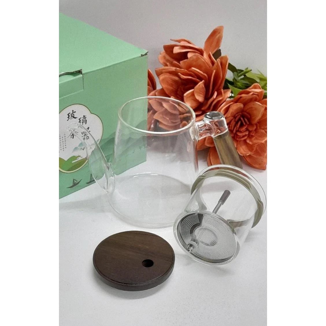 Classy Frosted Borosilicate Glass Tea Pot with Bamboo Handle 1000ml Capacity Glassware Serveware