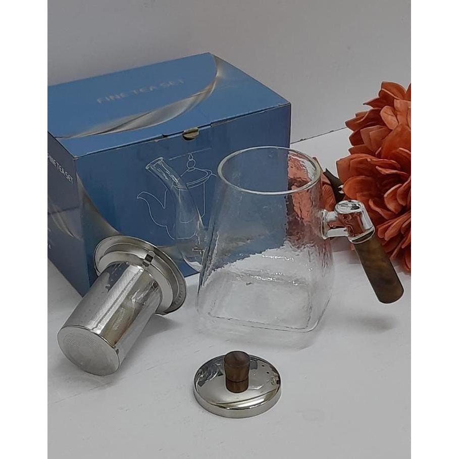 Classy Frosted Borosilicate Glass Tea Pot with Bamboo Handle 1000ml Capacity