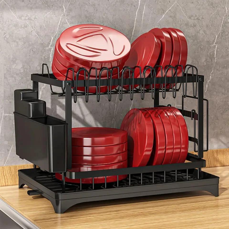 Classy High Quality 2 Tier Dish Rack with Chopping Board Rack and Spoon Holder – Black Kitchen Rack Kitchen Organizers