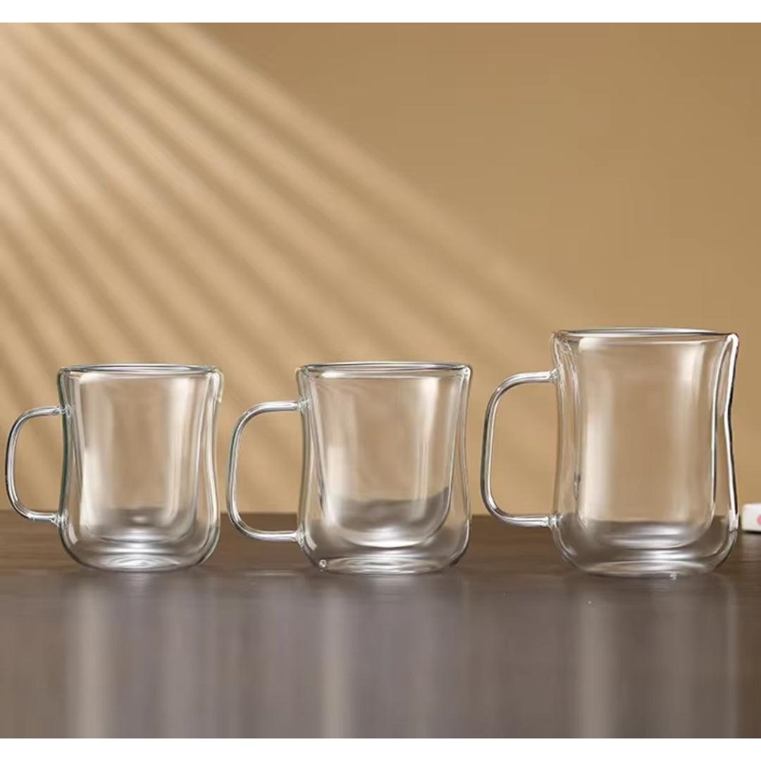 Clear Glass Coffee Mugs with Handles 450ml Double Wall Insulated Coffee Cups for Tea, Coffee, and Espresso.