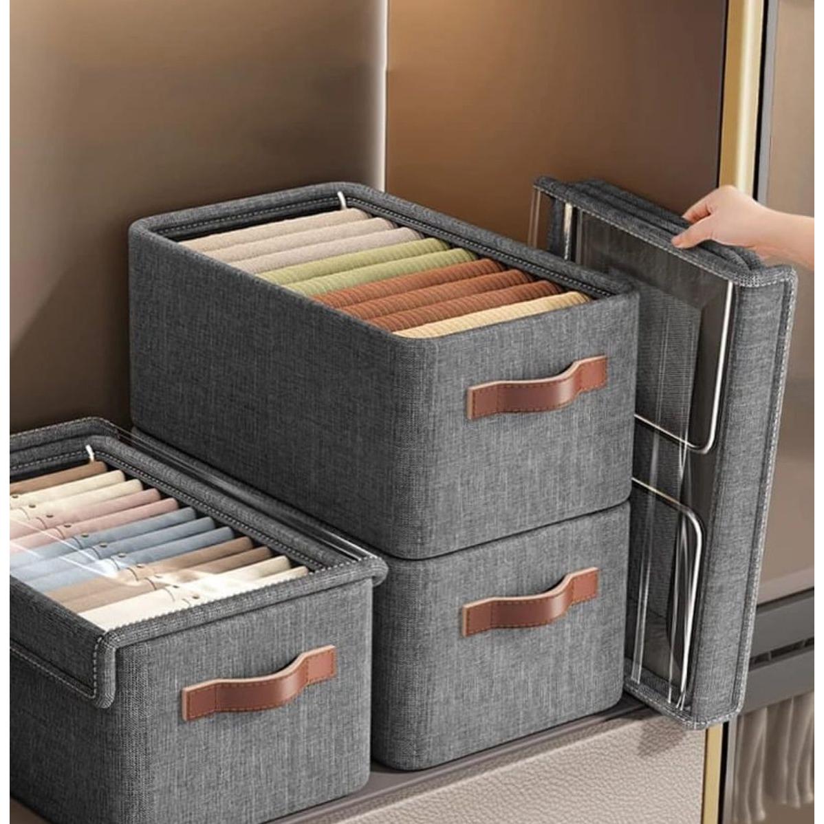 Closet Organizer with Cover | 50x30x26cm Storage Box - Grey,With handles,Foldable,Space Saving,