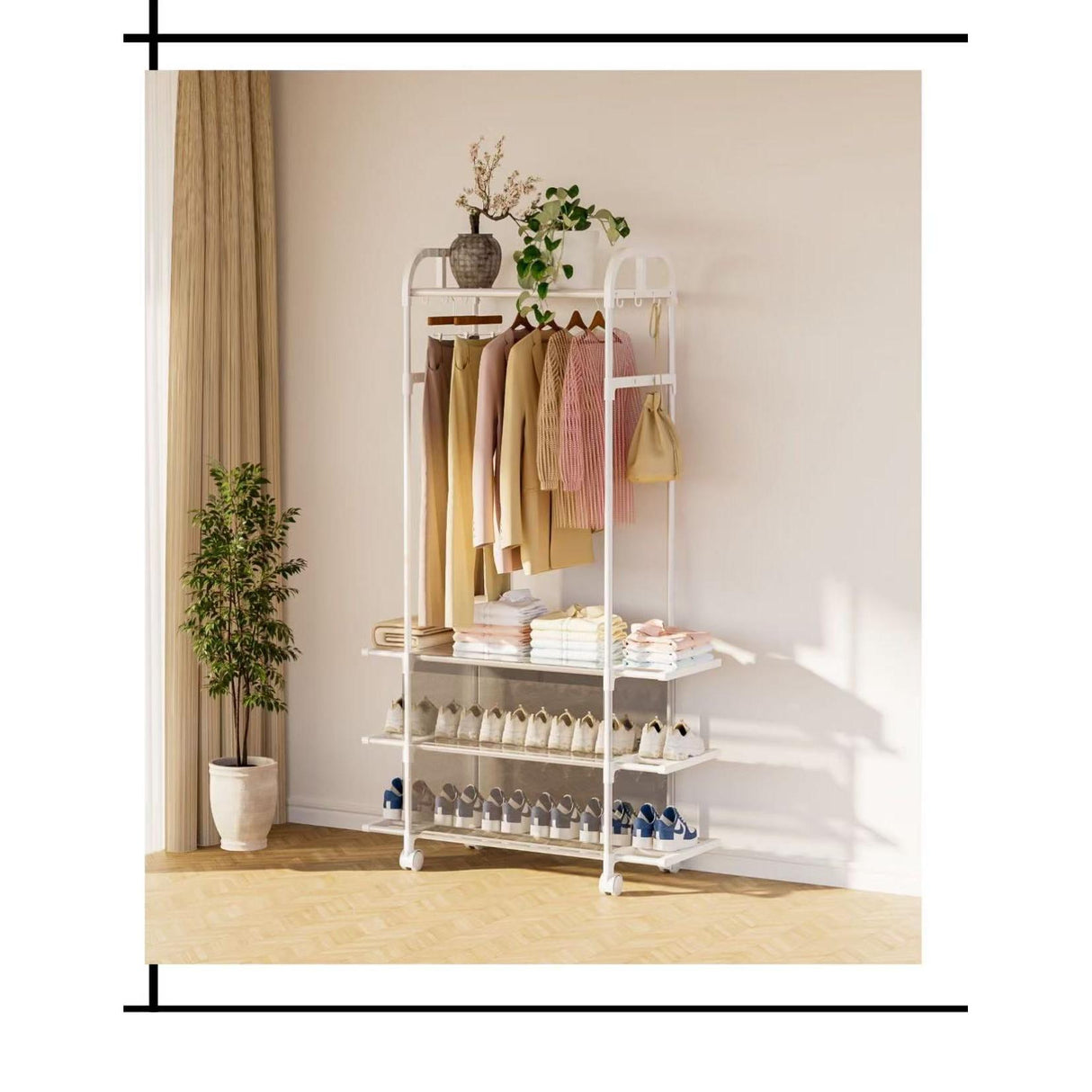 Clothing Rack with Wheels and 3 Metal Shelves