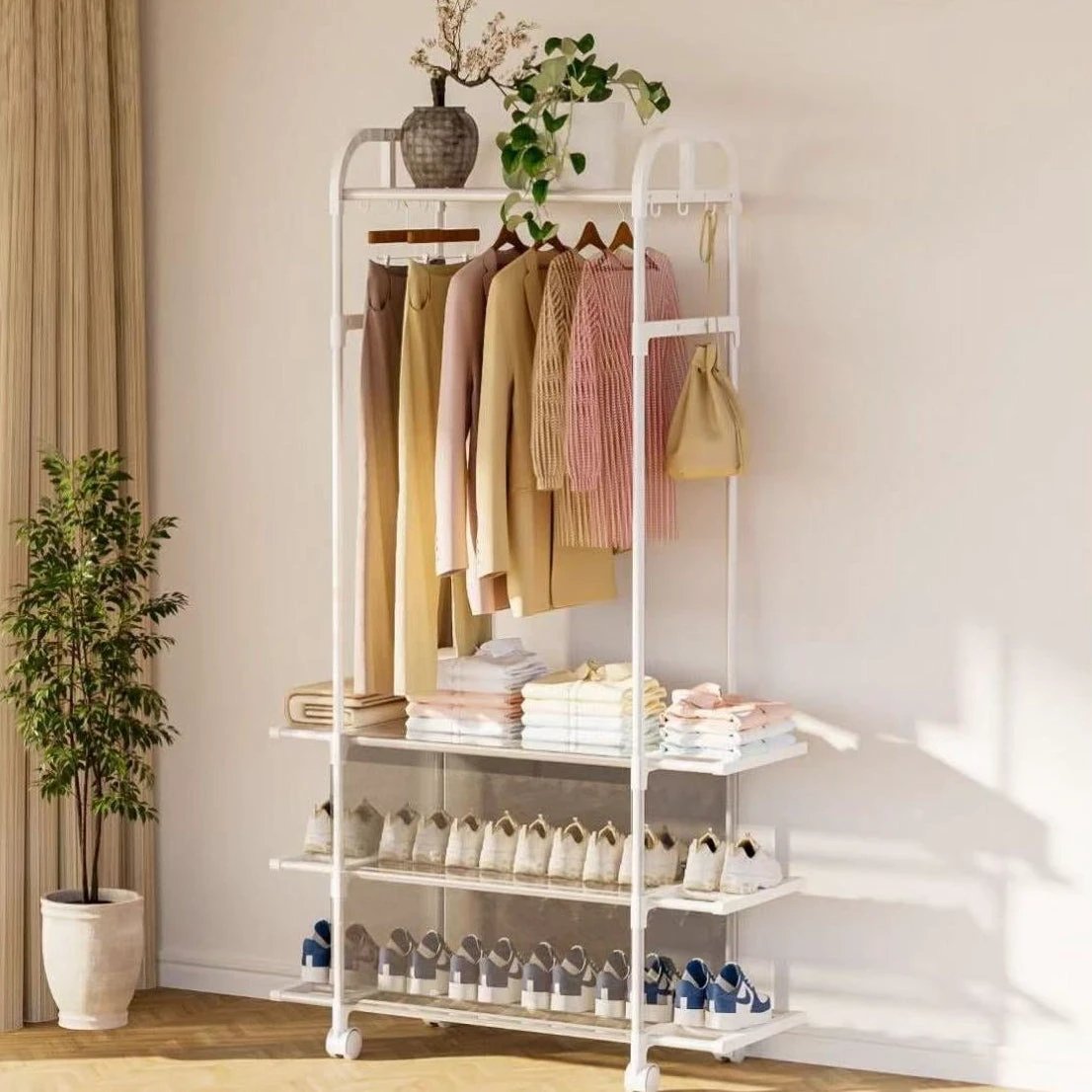 Clothing Rack with Wheels and 3 Metal Shelves Garment Racks