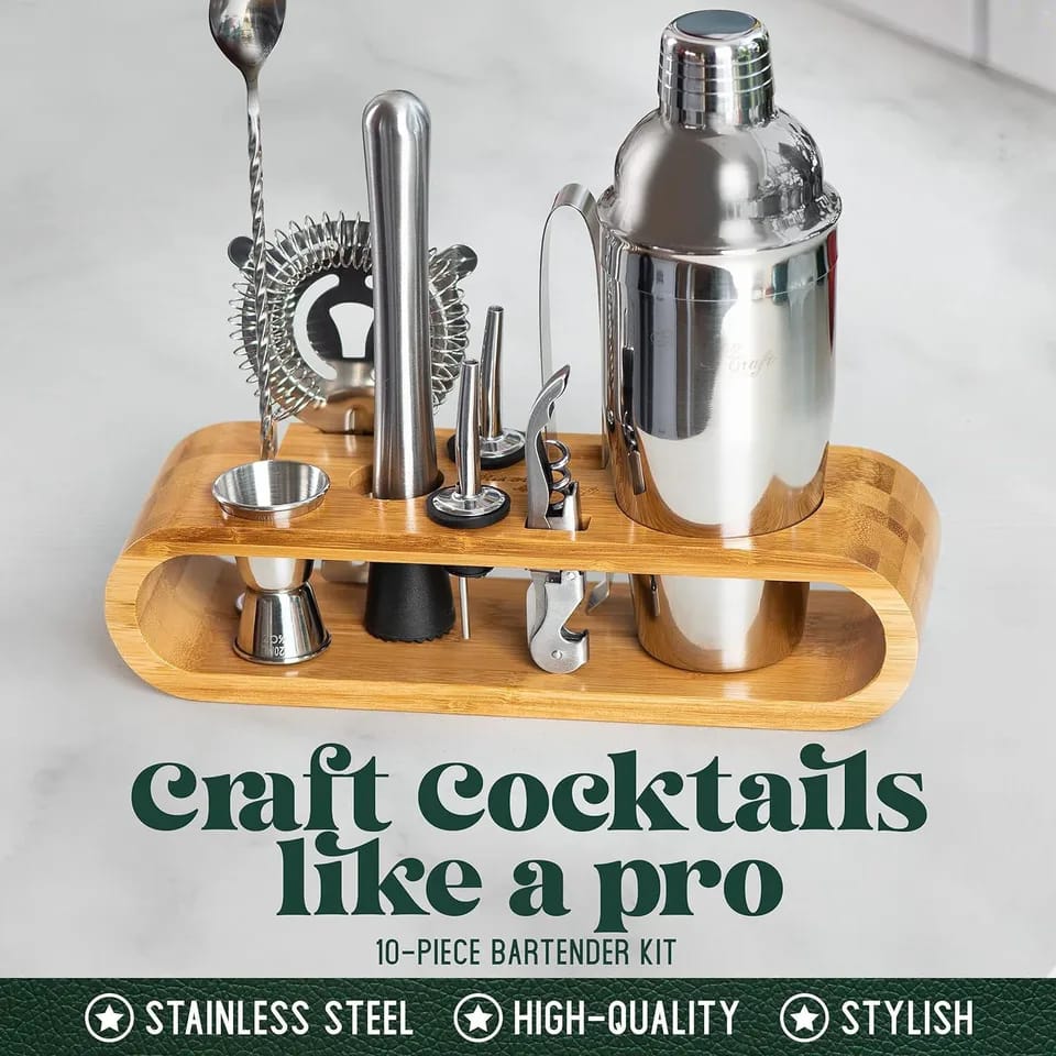 Cocktail Shaker Set 10-Piece Bartending Kit with Bamboo Frame for Home or Professional Use