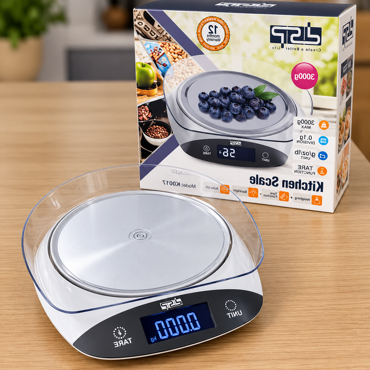 Digital Kitchen Scale 3 kg with Clear Plastic Bowl – White