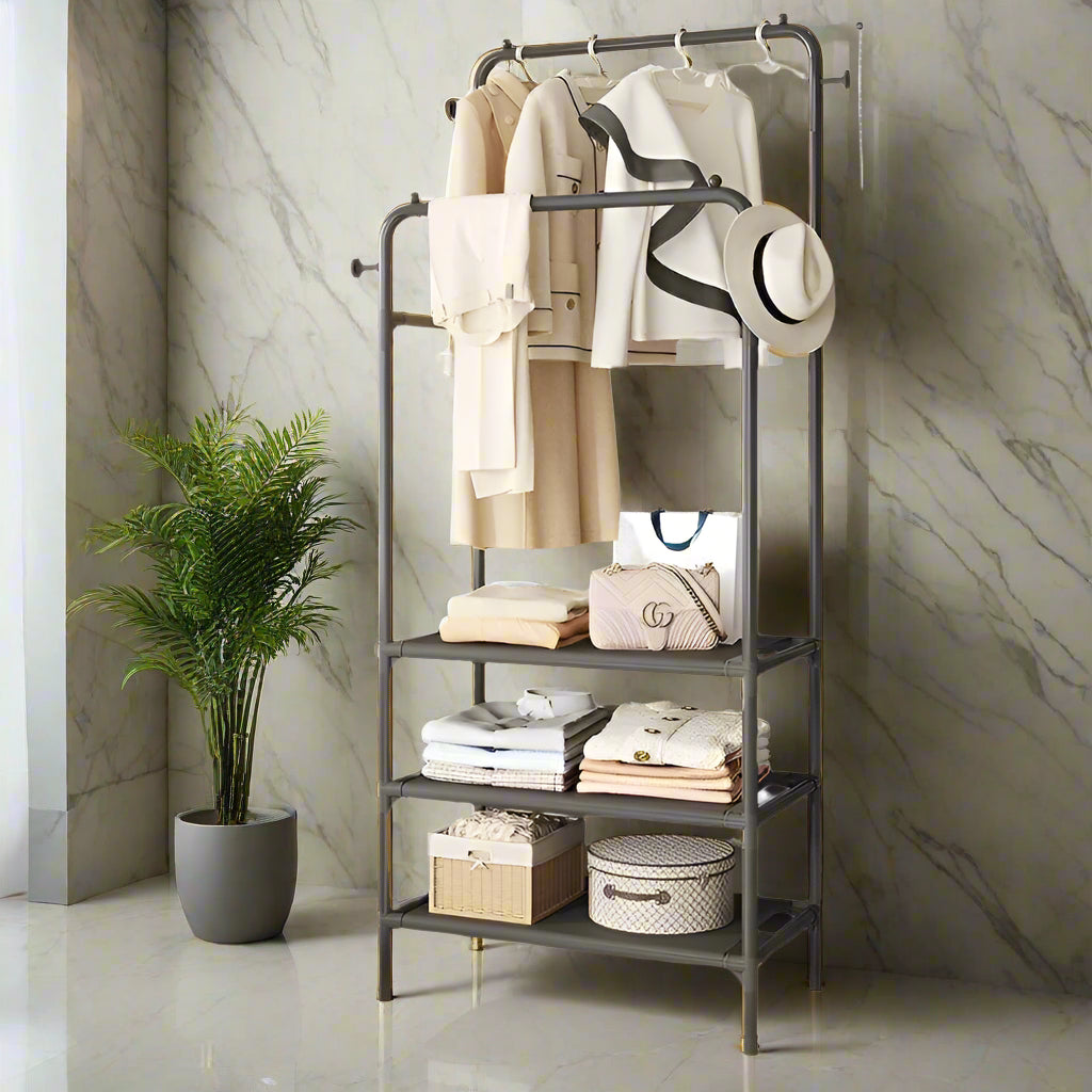 Double Clothing Garment Rack with 3 Tier Storage Shelf Stylish & Functional