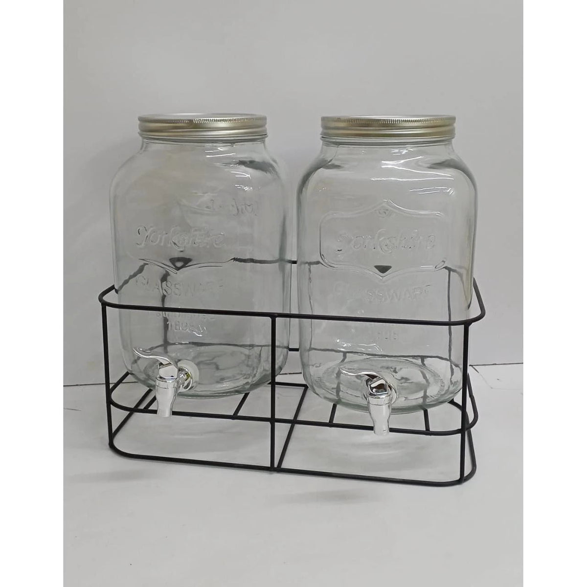 Double Glass Juice Dispensers | 8 Liters Each | Glass with Metallic Stand | Elegant and Durable Kitchen Gadgets Beverage Dispensers