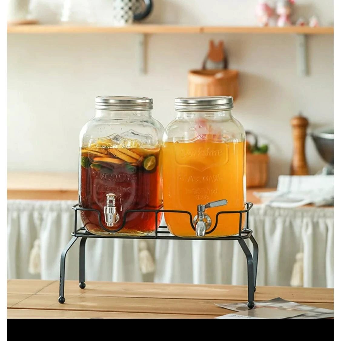 Double Glass Juice Dispensers | 8 Liters Each | Glass with Metallic Stand | Elegant and Durable Kitchen Gadgets Beverage Dispensers
