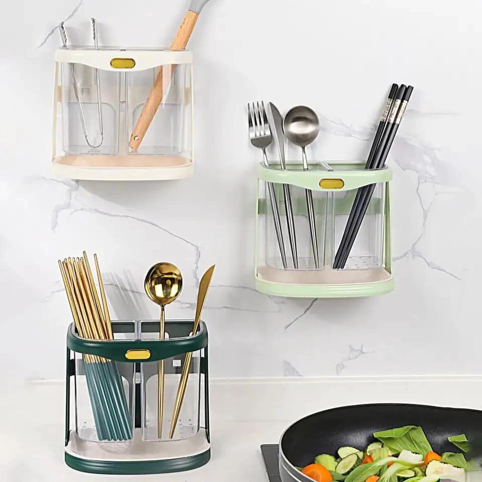 Double Grid Cutlery Organizer with Drain Hole and Tray Wall Mounted Space Saving Storage Kitchen Accessories Kitchen Utensil Holders & Racks