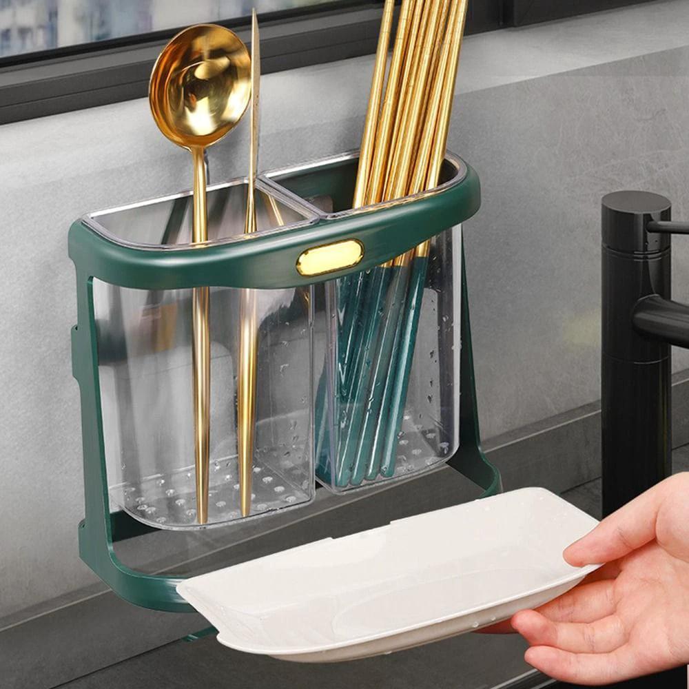 Double Grid Cutlery Organizer with Drain Hole and Tray Wall Mounted Space Saving Storage Kitchen Accessories Kitchen Utensil Holders & Racks