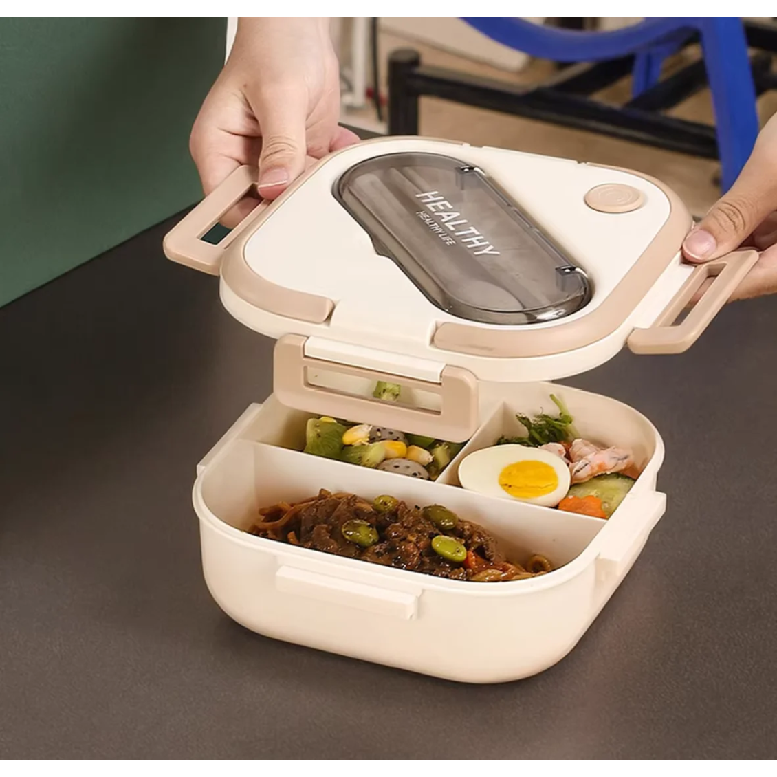 Double Layer 1400ml Lunch Box with Cutlery Set – Leak-Proof & Microwave Safe