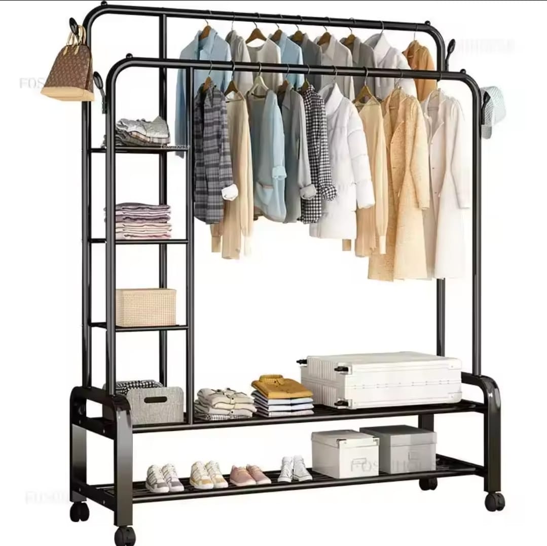Double Layer Garment Rack Floor Standing Clothes Hanger with Shelves