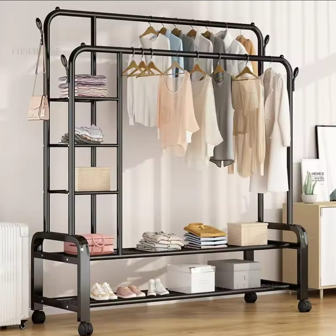 Double Layer Garment Rack Floor Standing Clothes Hanger with Shelves