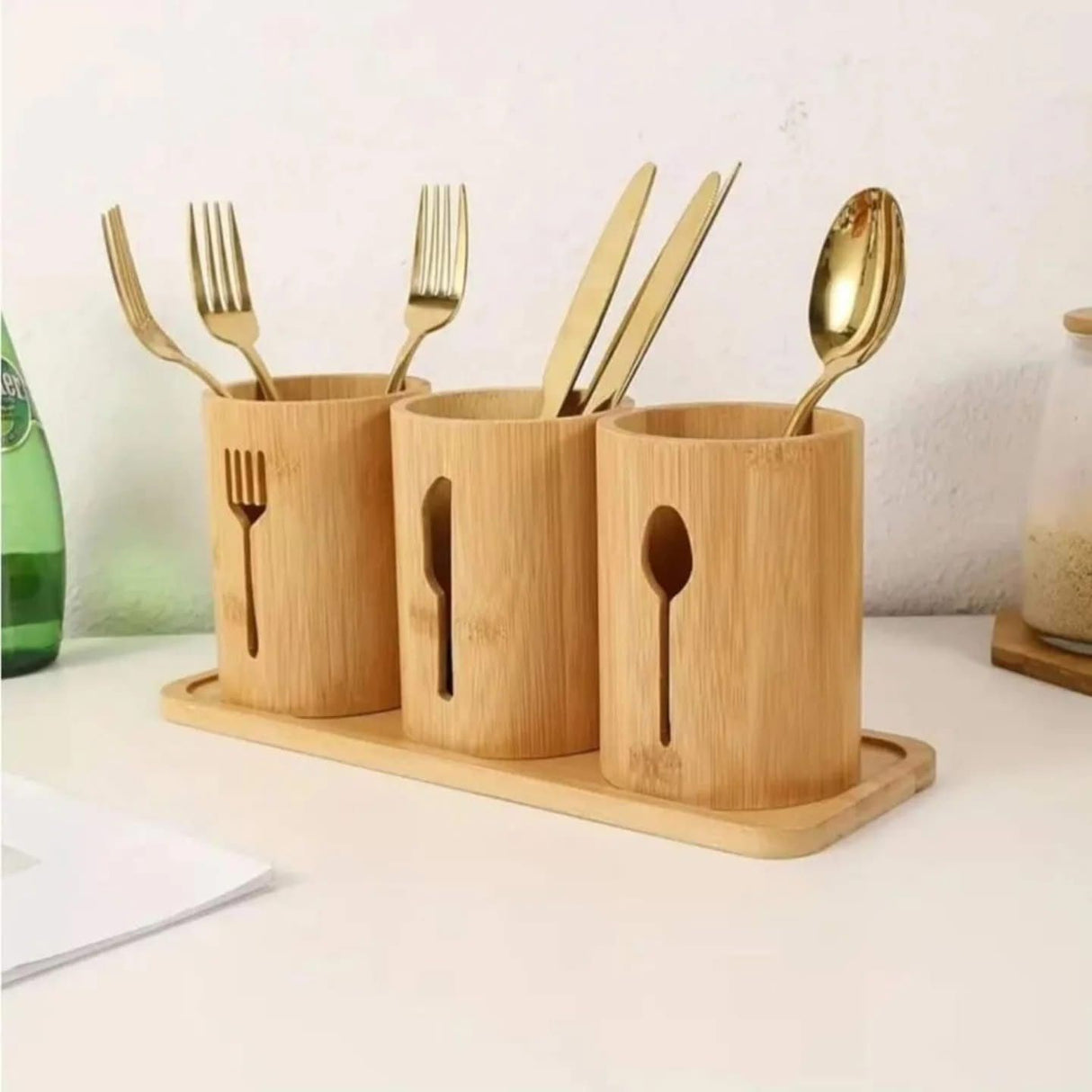 Eco-Friendly 4-in-1 Bamboo Cutlery Holder with Base – Kitchen Organizer