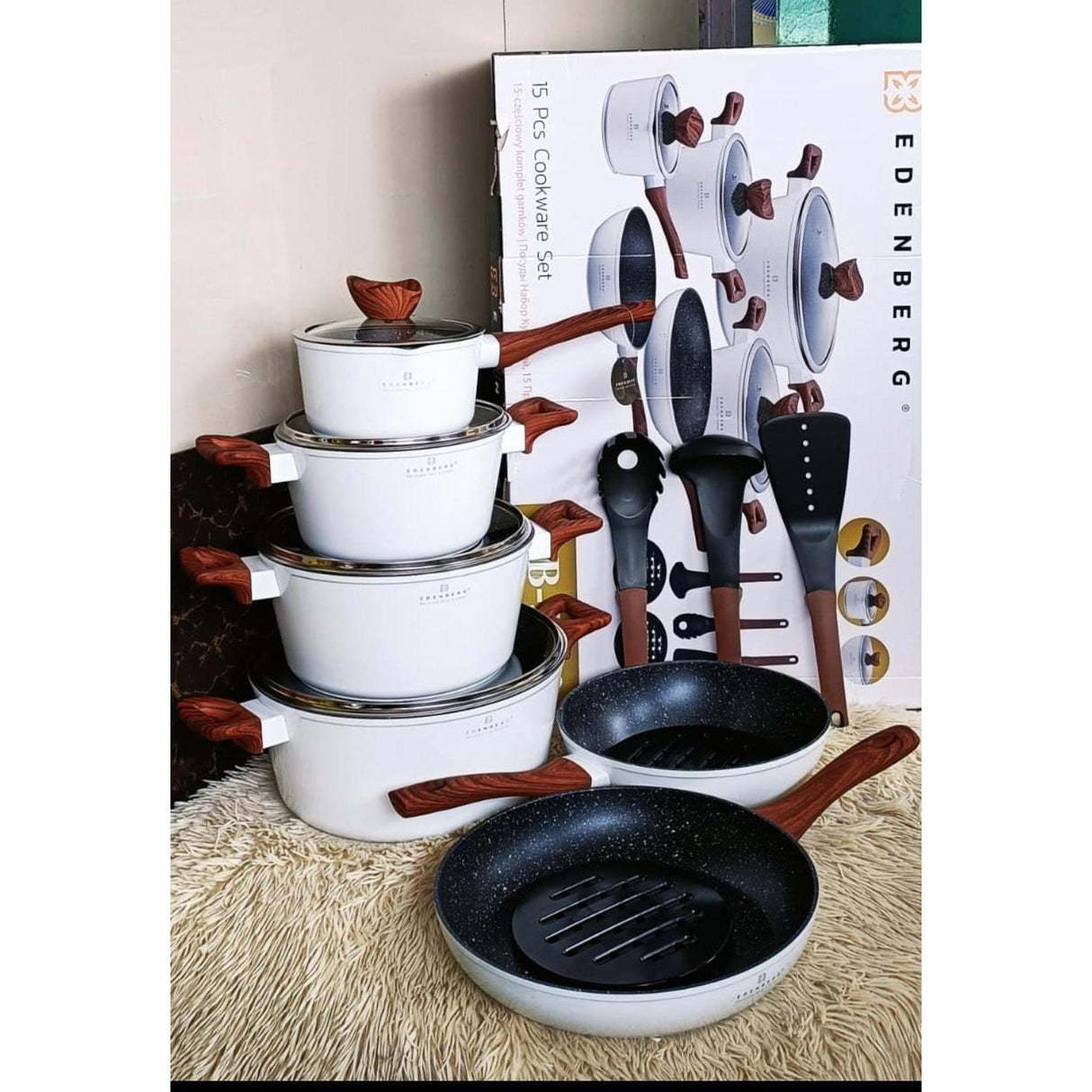 Edenberg 15Piece Nonstick Cooking Pots Set Durable Cookware in White and Black, Easy to Clean