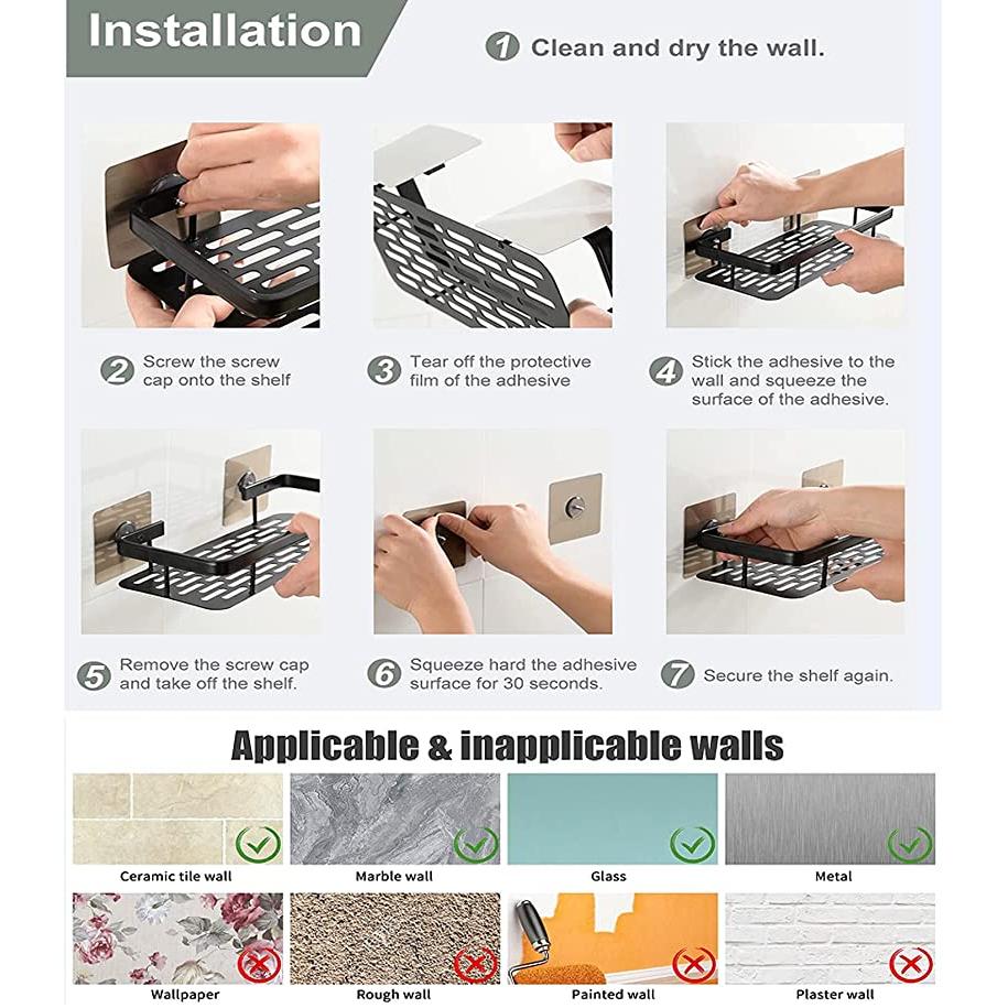 Elegant Adhesive Bathroom Organizer – Black Aluminum Wall Shelf (30.5 x 13 x 5.5 cm)