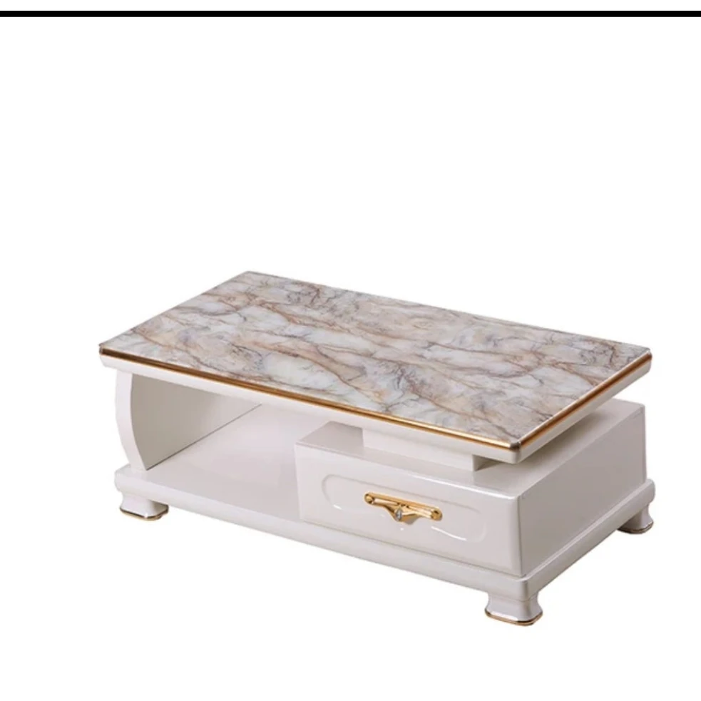 Elegant Marble Top Coffee Table Glossy Stone Finish with Storage Drawer and White Base Coffee Tables