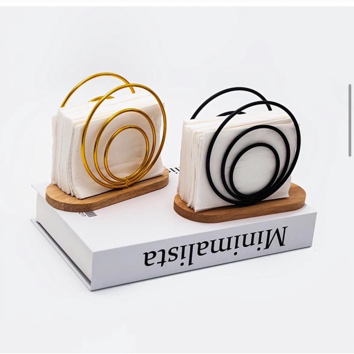 Elegant Metal Napkin Holder Circular Black & Gold Design with Wooden Base Tableware