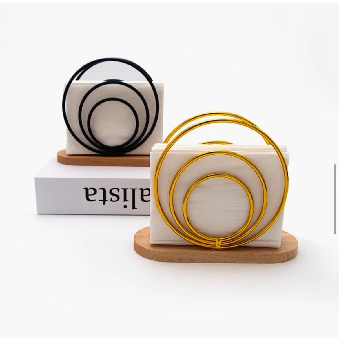 Elegant Metal Napkin Holder Circular Black & Gold Design with Wooden Base Tableware