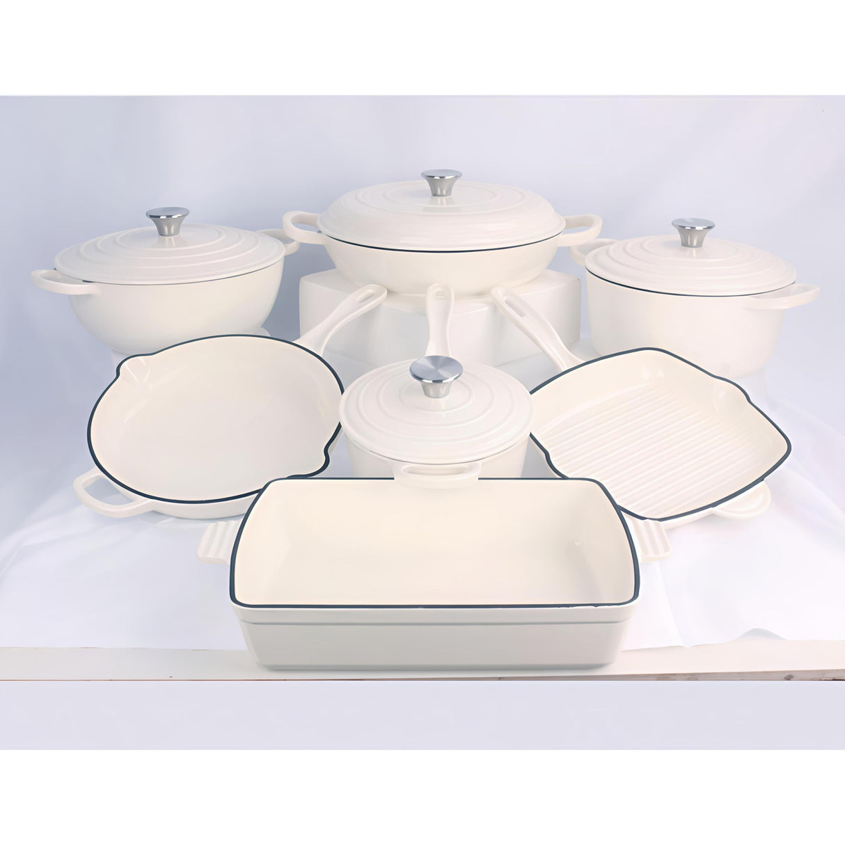 Enamel Cast Iron Cooking Pots Set with Frying Pan, Grill Pan and Baking Tray