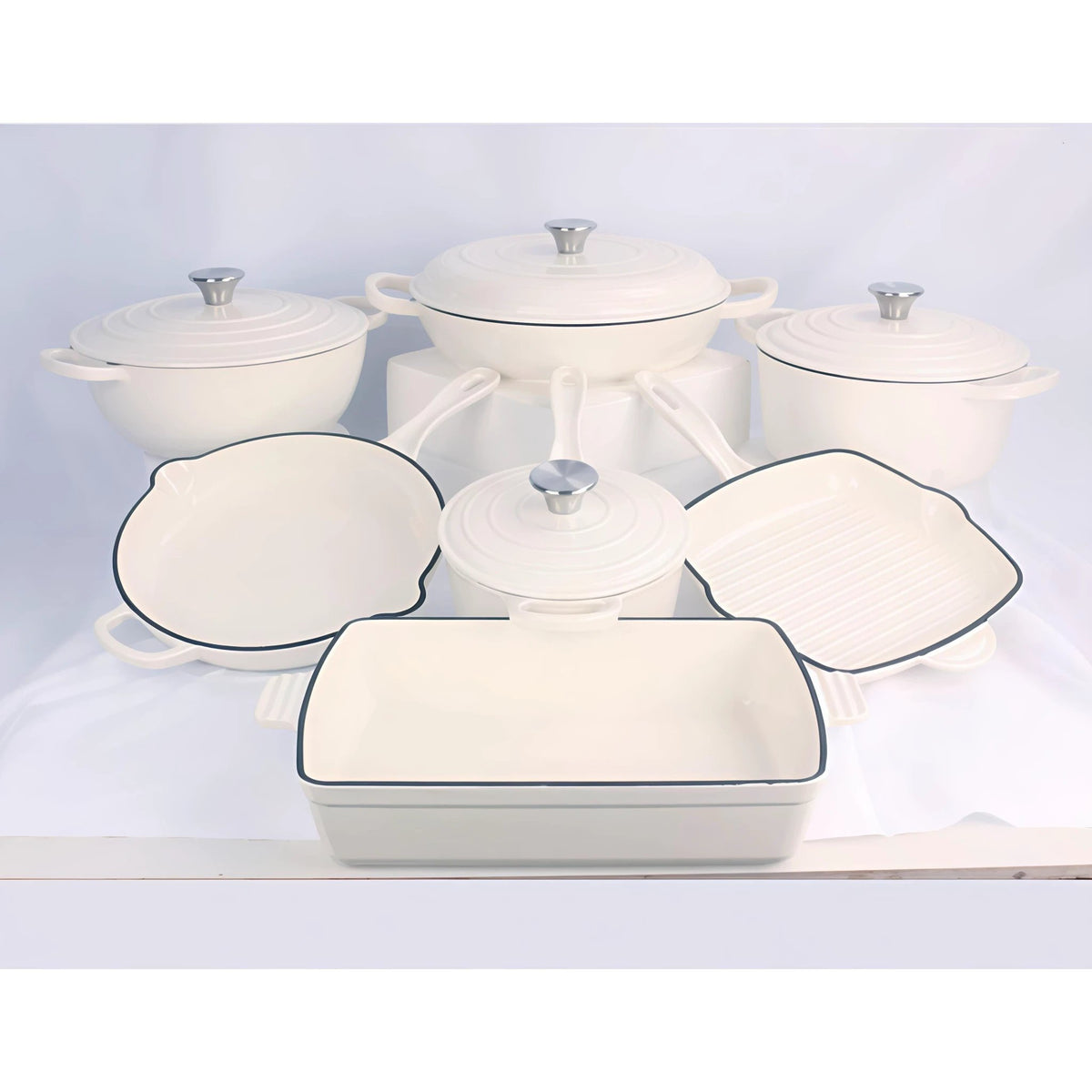 Enamel Cast Iron Cooking Pots Set with Frying Pan, Grill Pan and Baking Tray Cookware Cookware