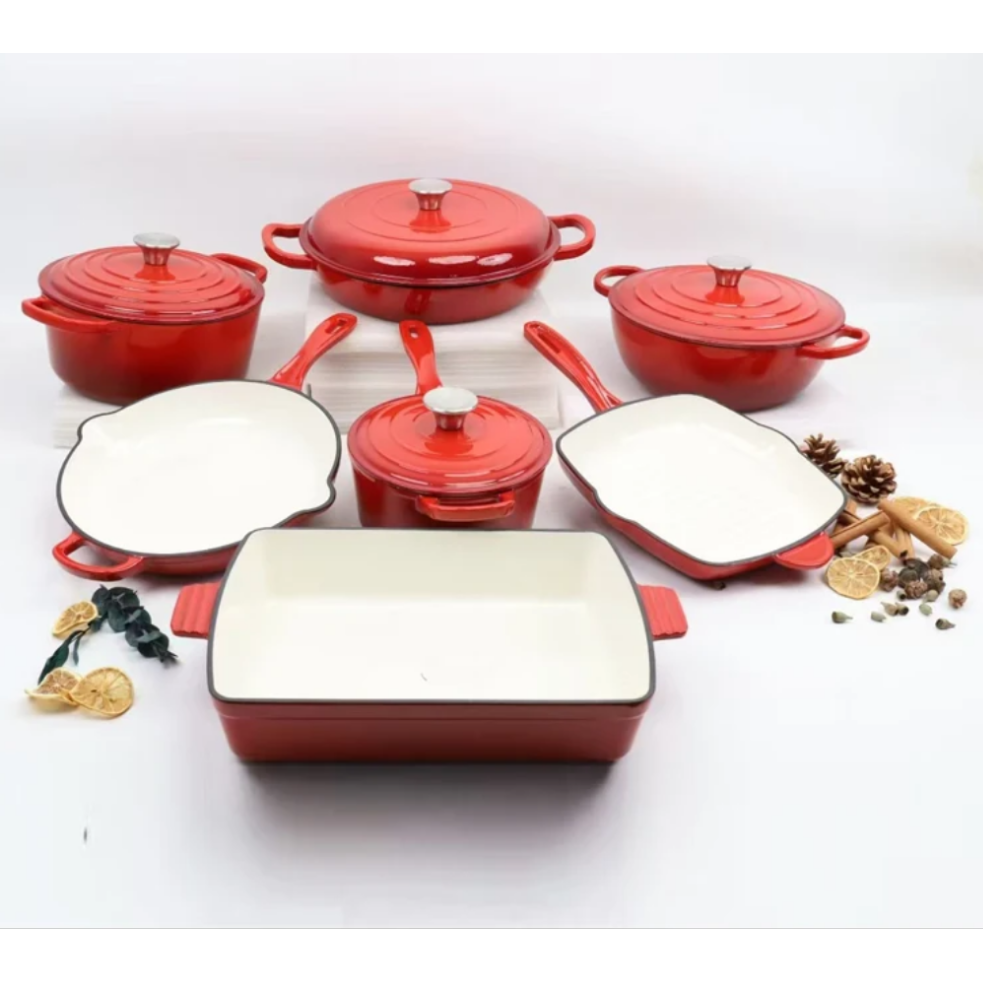 Enamel Cast Iron Cooking Pots Set with Frying Pan, Grill Pan and Baking Tray