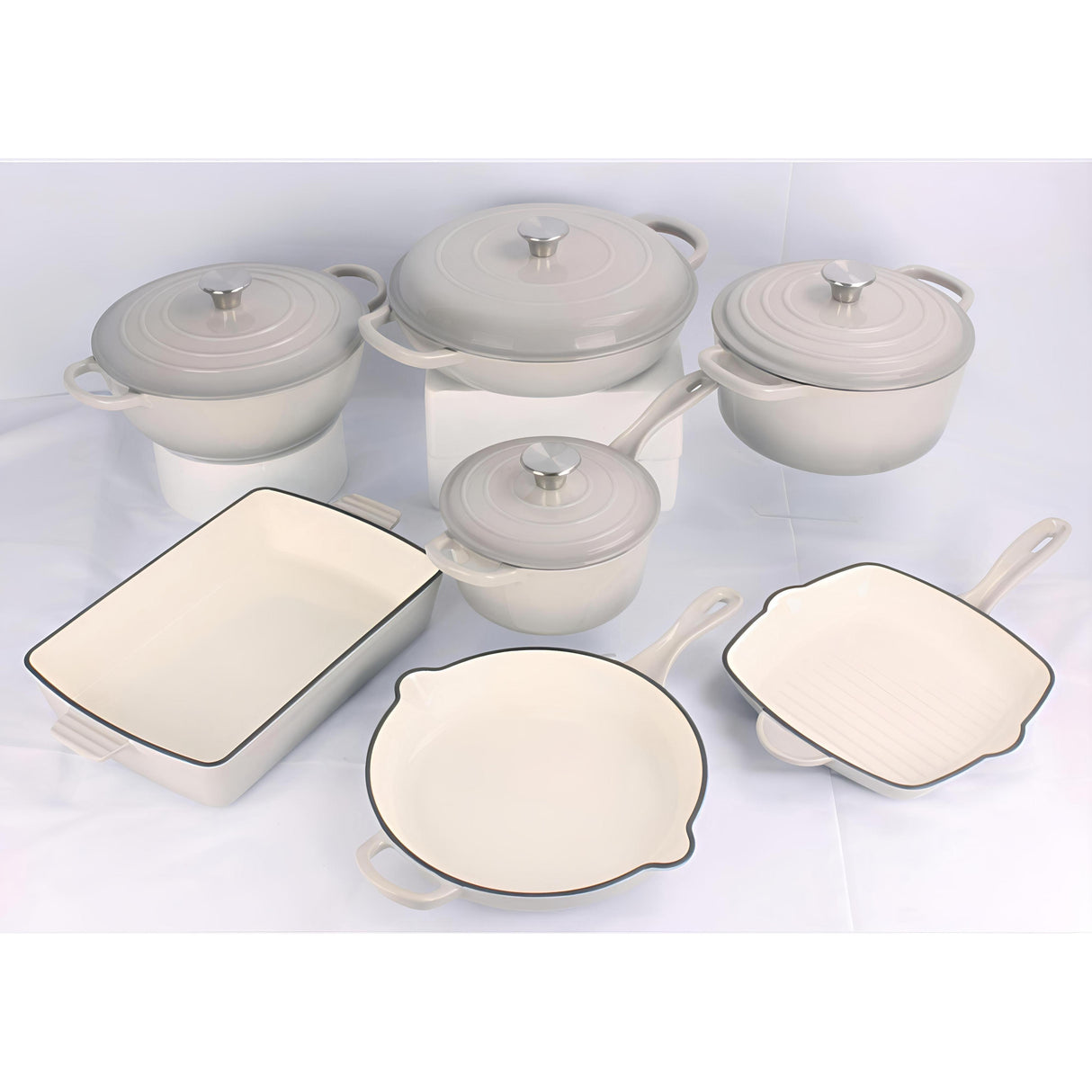 Enamel Cast Iron Cooking Pots Set with Frying Pan, Grill Pan and Baking Tray