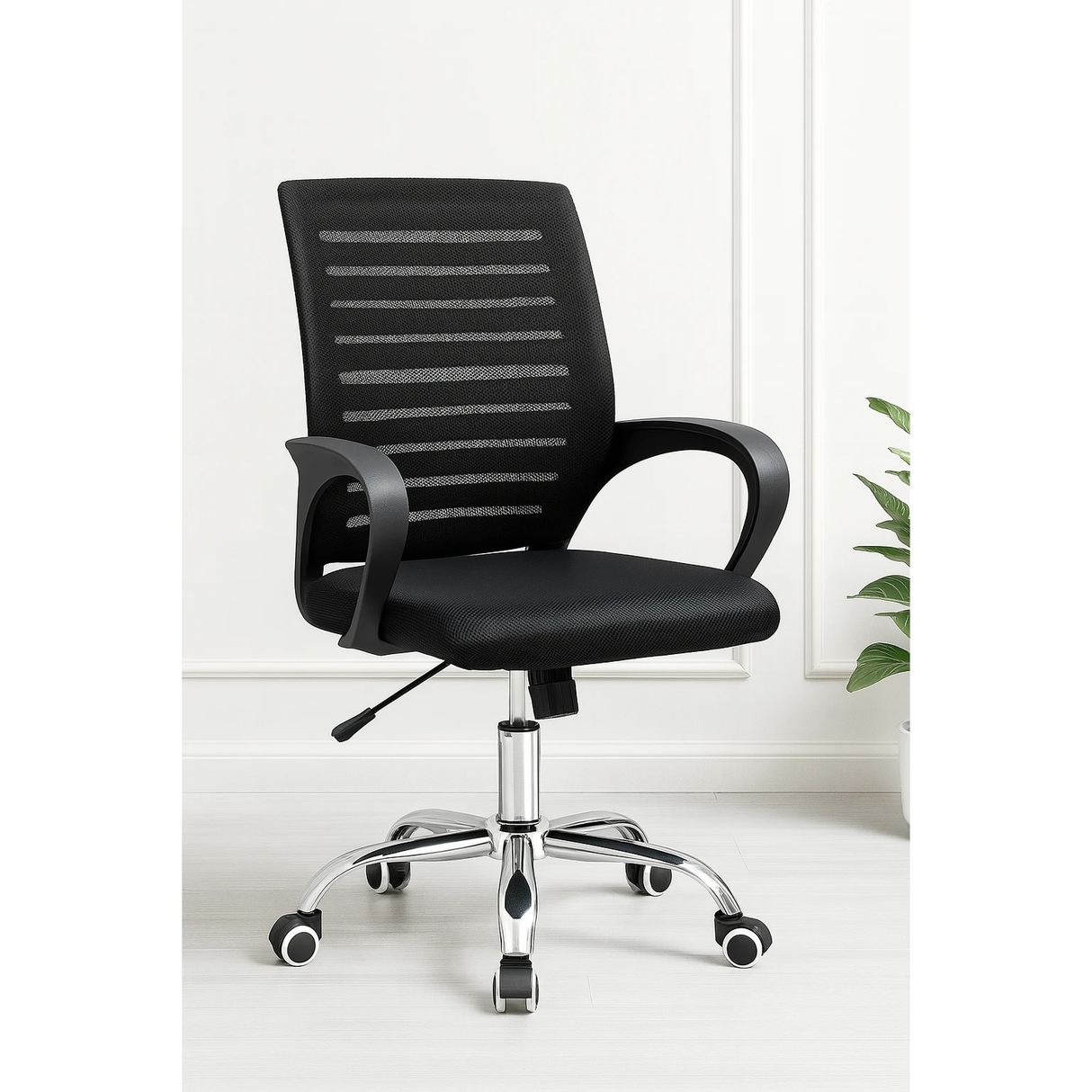 Ergonomic Black Mesh Office Chair with Chrome Base and Wheels