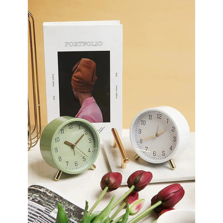 European Fashion Electronic Alarm Clock – Mute Quartz Table Clock for Home, Bedroom, Student Desk (White, Dark Green, Blue)