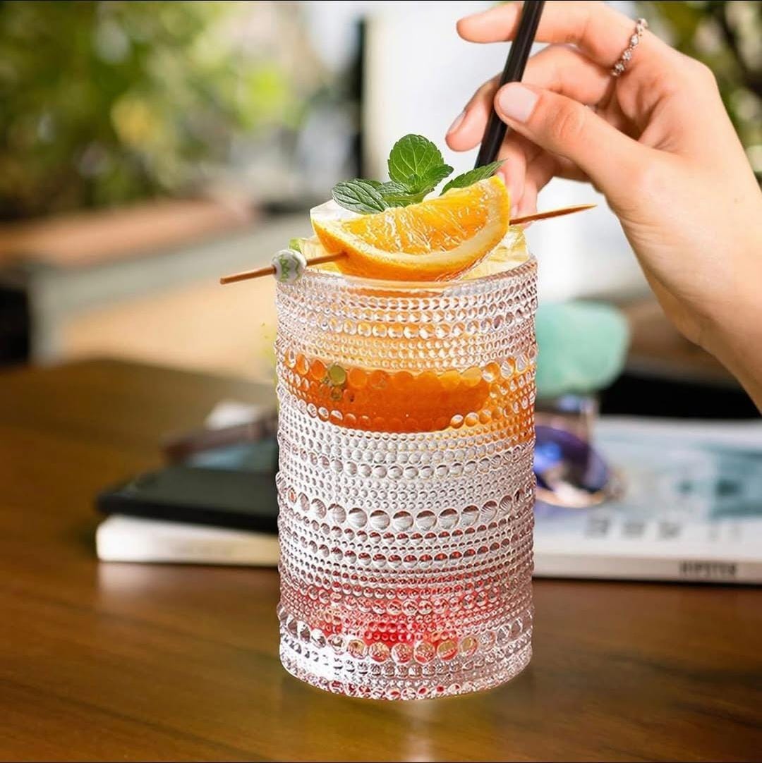 European Style Embossed Drinking Glasses – 6pcs | 400ml Elegant Tumblers for Water, Juice, Cocktails