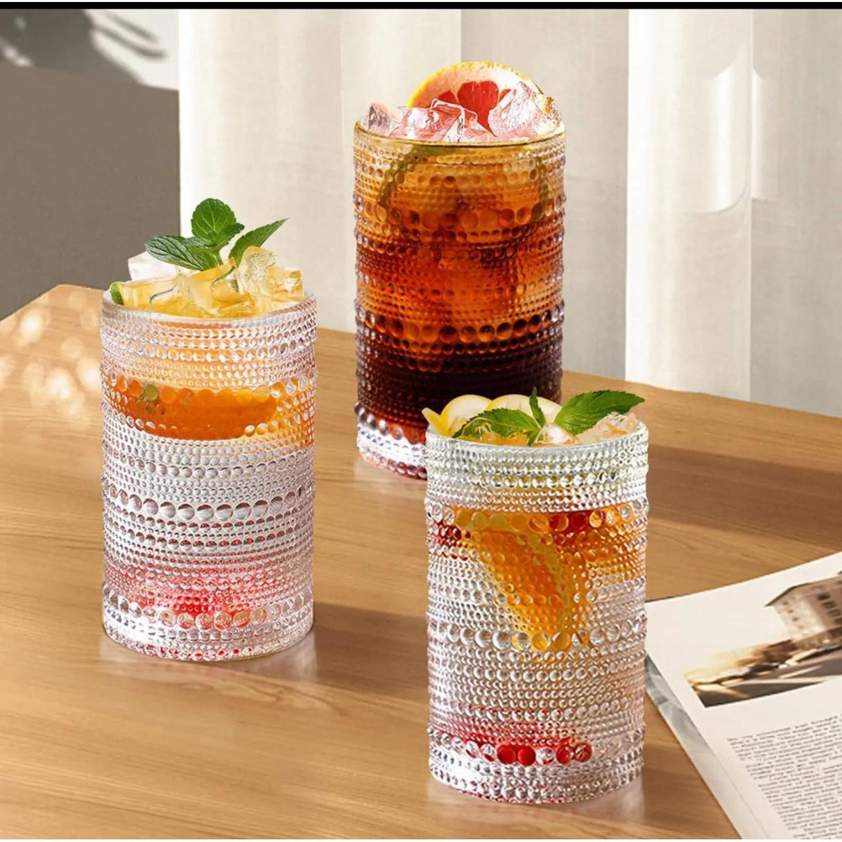 European Style Embossed Drinking Glasses – 6pcs | 400ml Elegant Tumblers for Water, Juice, Cocktails