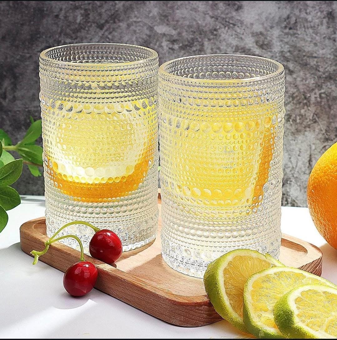 European Style Embossed Drinking Glasses – 6pcs | 400ml Elegant Tumblers for Water, Juice, Cocktails