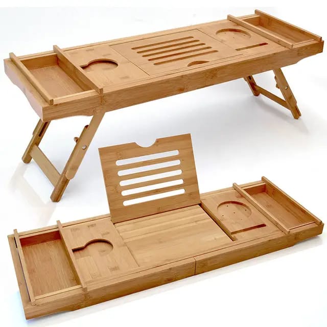 Expandable Bamboo Bathtub Caddy Tray Breakfast Bed Table Multi Function with Stands and Slots