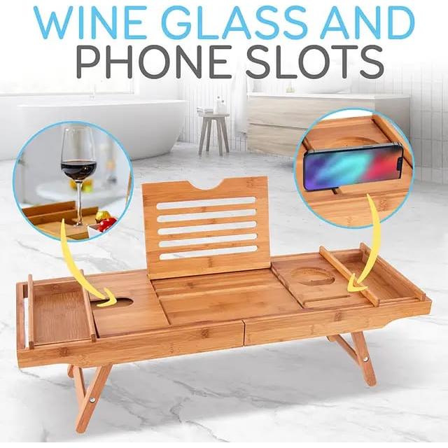 Expandable Bamboo Bathtub Caddy Tray Breakfast Bed Table Multi Function with Stands and Slots