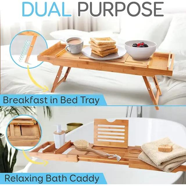 Expandable Bamboo Bathtub Caddy Tray Breakfast Bed Table Multi Function with Stands and Slots