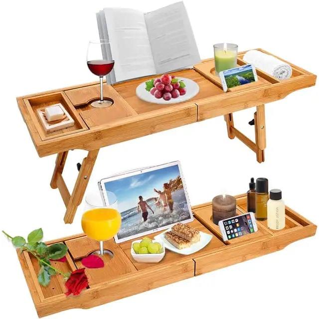 Expandable Bamboo Bathtub Caddy Tray Breakfast Bed Table Multi Function with Stands and Slots