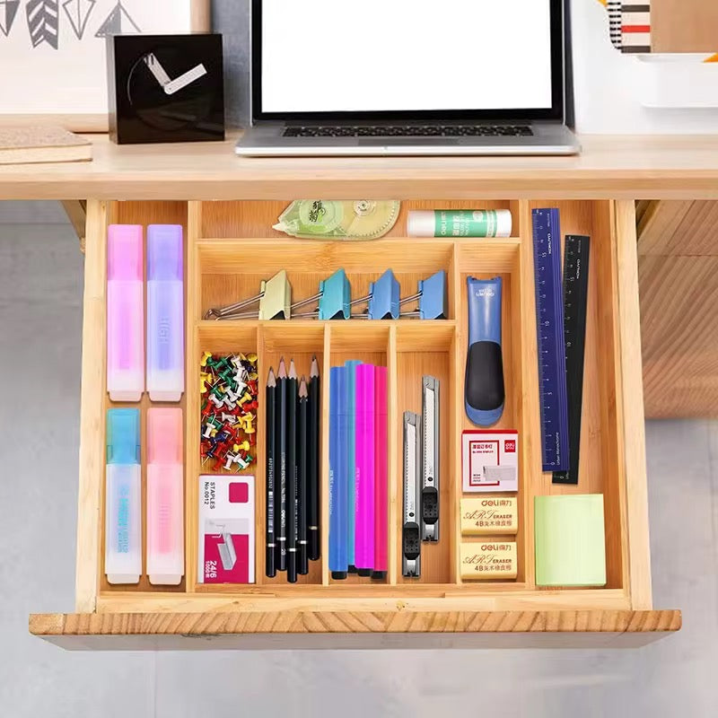 Expandable Bamboo Cutlery Drawer Organizer – 8 Grids, Adjustable 32.5cm–50cm