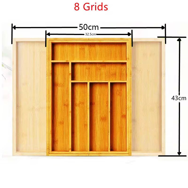 Expandable Bamboo Cutlery Drawer Organizer – 8 Grids, Adjustable 32.5cm–50cm