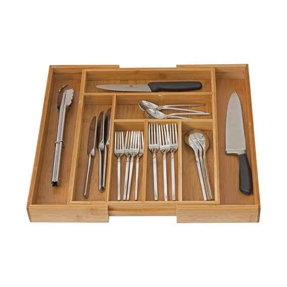 Expandable Bamboo Cutlery Drawer Organizer – 8 Grids, Adjustable 32.5cm–50cm