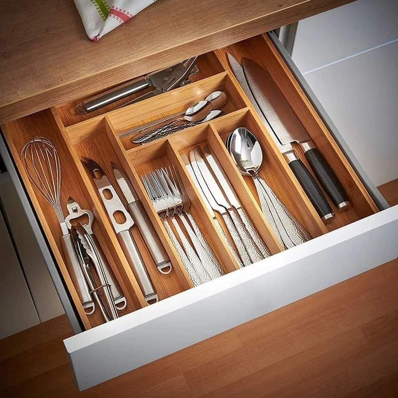 Expandable Bamboo Cutlery Drawer Organizer Multifunctional Wooden Utensil Tray.