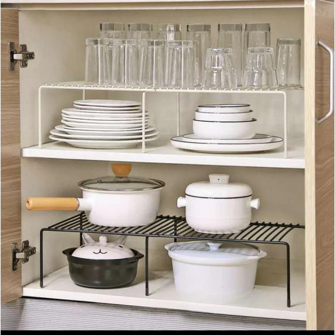 Expandable Metallic Shelf Raiser Retractable Iron Storage Rack (Black/White)