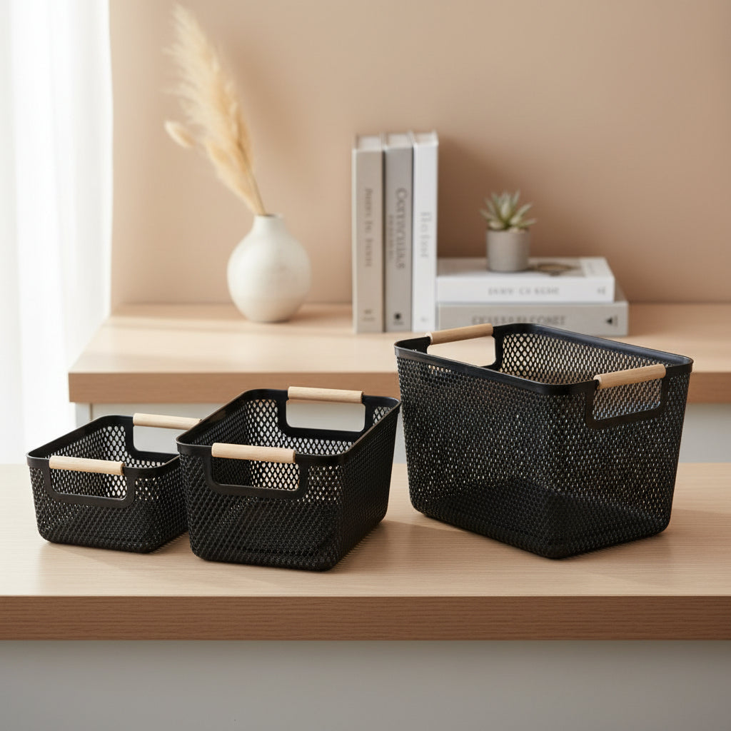 Extra-Large Mesh Plastic Storage Baskets with Bamboo Handles Home organizer Household Storage Containers